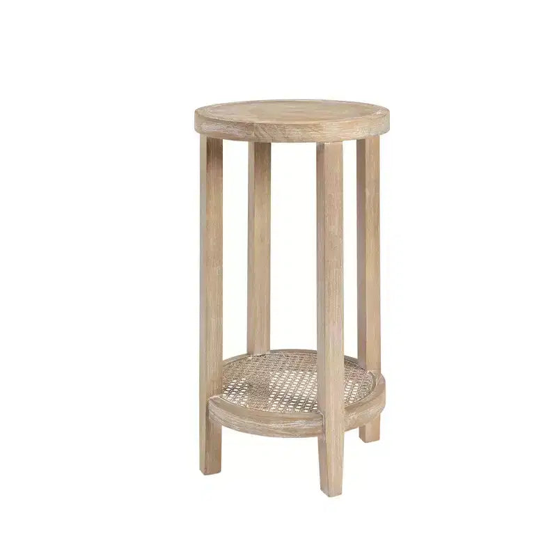 Tavolino Rotondo con Dettaglio di Colore Grano - Impiallacciatura in frassino, Ripiano in rattan, 71 cm di Altezza