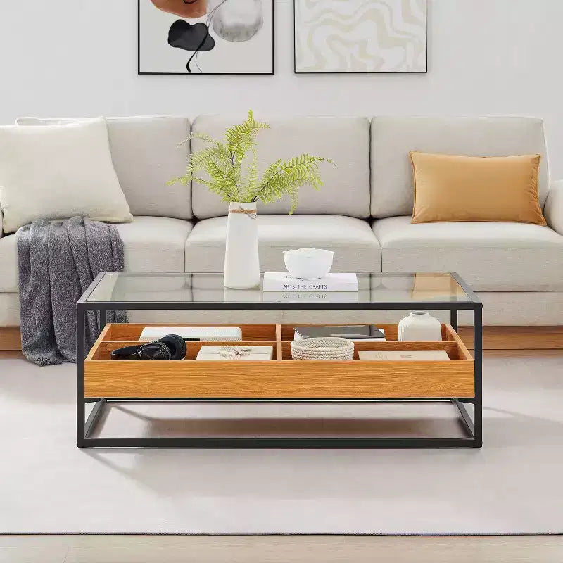 Saarinen Tavolino da caffè con ripiano in vetro Rovere dorato - Danya B.: Stile scandinavo contemporaneo, Ripiani aperti, Contenitore, Finitura opaca