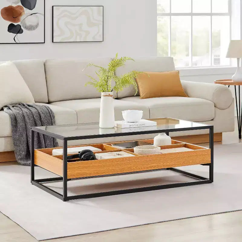 Saarinen Tavolino da caffè con ripiano in vetro Rovere dorato - Danya B.: Stile scandinavo contemporaneo, Ripiani aperti, Contenitore, Finitura opaca
