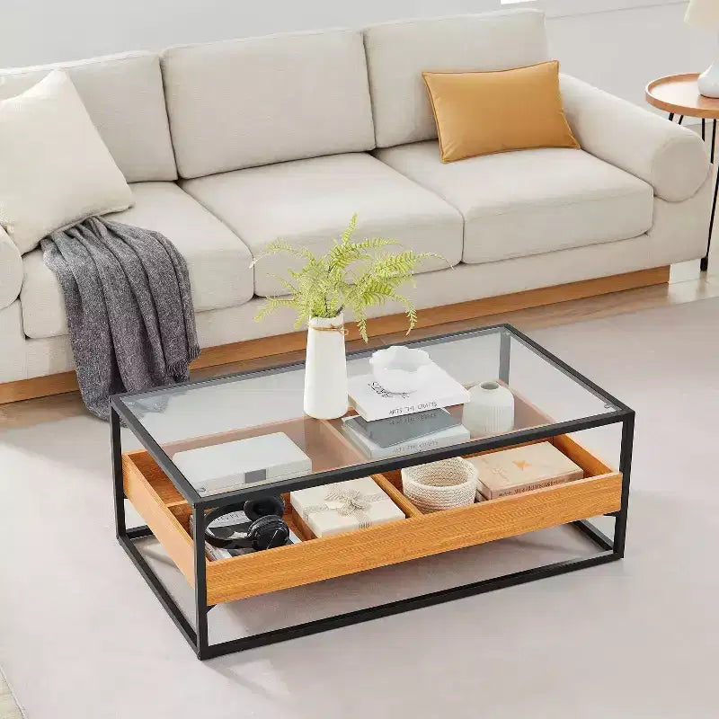 Saarinen Tavolino da caffè con ripiano in vetro Rovere dorato - Danya B.: Stile scandinavo contemporaneo, Ripiani aperti, Contenitore, Finitura opaca