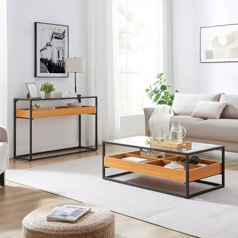 Saarinen Tavolino da caffè con ripiano in vetro Rovere dorato - Danya B.: Stile scandinavo contemporaneo, Ripiani aperti, Contenitore, Finitura opaca