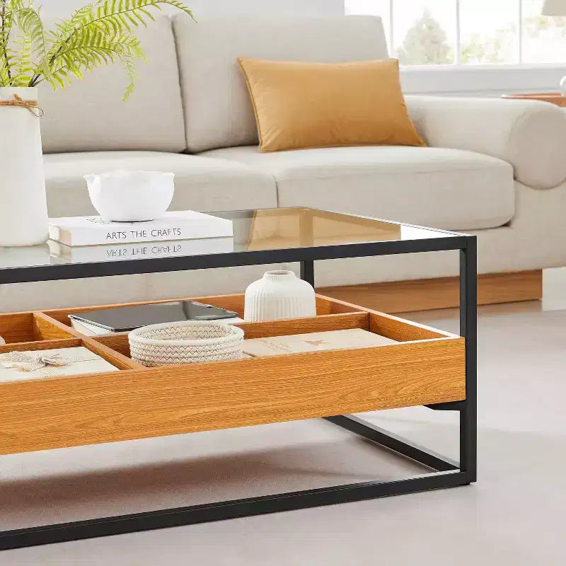 Saarinen Tavolino da caffè con ripiano in vetro Rovere dorato - Danya B.: Stile scandinavo contemporaneo, Ripiani aperti, Contenitore, Finitura opaca