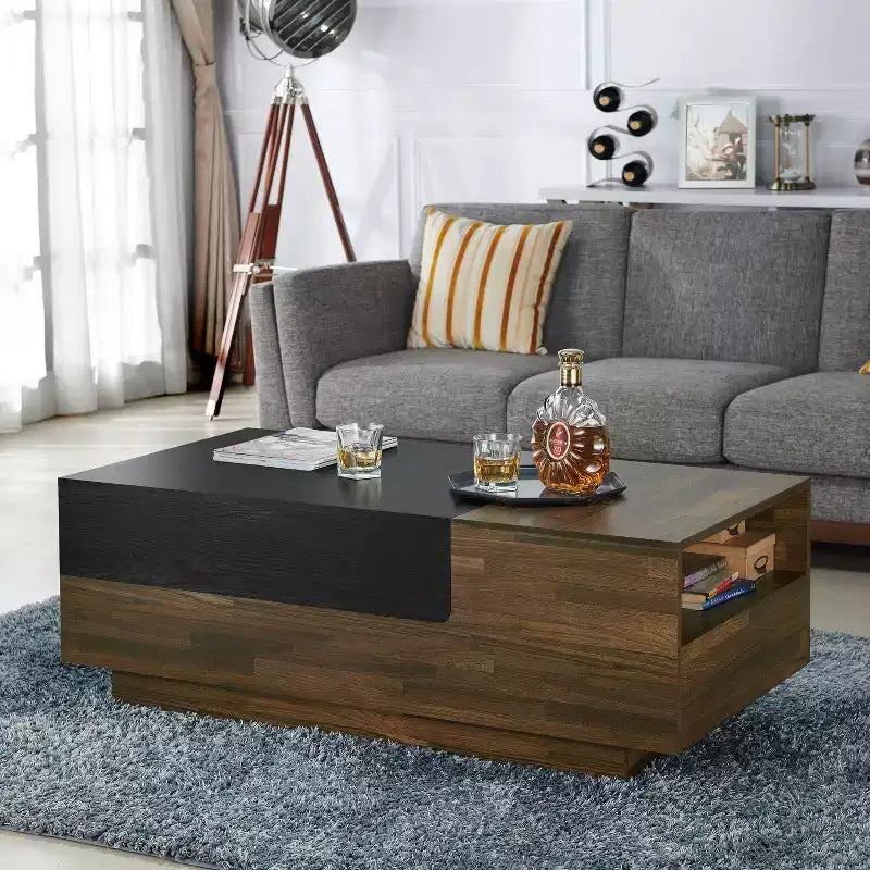 Tavolino da Caffè Croston con Vano Contenitore a Scorrimento, color Hickory Chiaro - miBasics: Design Mid-century, Piano Sollevabile, Forma Rettangolare