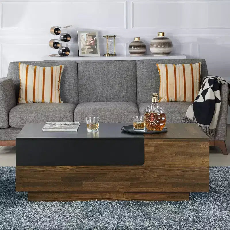 Tavolino da Caffè Croston con Vano Contenitore a Scorrimento, color Hickory Chiaro - miBasics: Design Mid-century, Piano Sollevabile, Forma Rettangolare