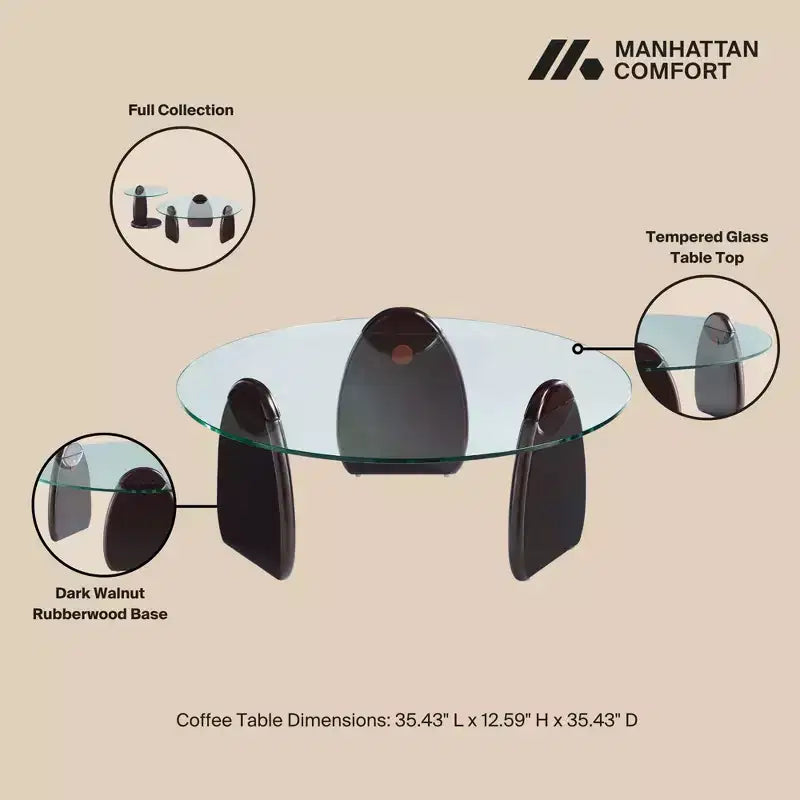 Tavolino da caffè Manhattan Comfort Artesia con ripiano in vetro temperato noce scuro