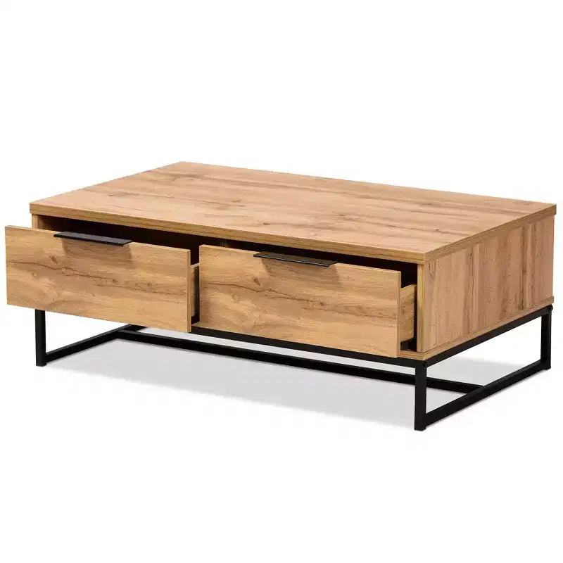 Tavolino da Salotto Franklin Wood and Metal 2 cassetti Rovere/Nero - Baxton Studio: Grande Contenitore, Design Moderno