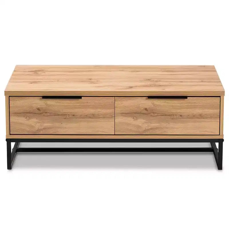 Tavolino da Salotto Franklin Wood and Metal 2 cassetti Rovere/Nero - Baxton Studio: Grande Contenitore, Design Moderno
