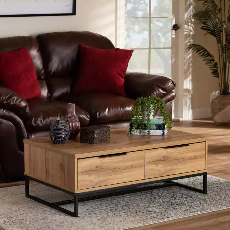 Tavolino da Salotto Franklin Wood and Metal 2 cassetti Rovere/Nero - Baxton Studio: Grande Contenitore, Design Moderno