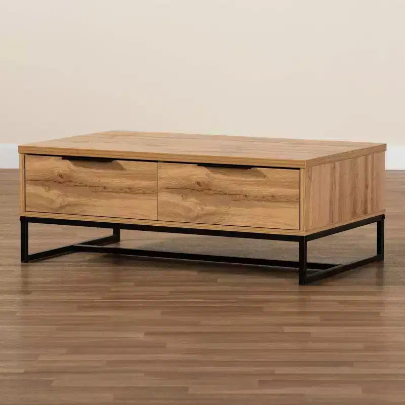 Tavolino da Salotto Franklin Wood and Metal 2 cassetti Rovere/Nero - Baxton Studio: Grande Contenitore, Design Moderno