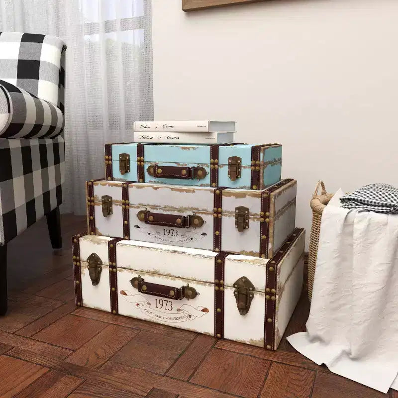 Set di 3 bauli rettangolari in legno invecchiato da fattoria, colore naturale - Olivia & May: Finitura in poliuretano, nessun assemblaggio richiesto
