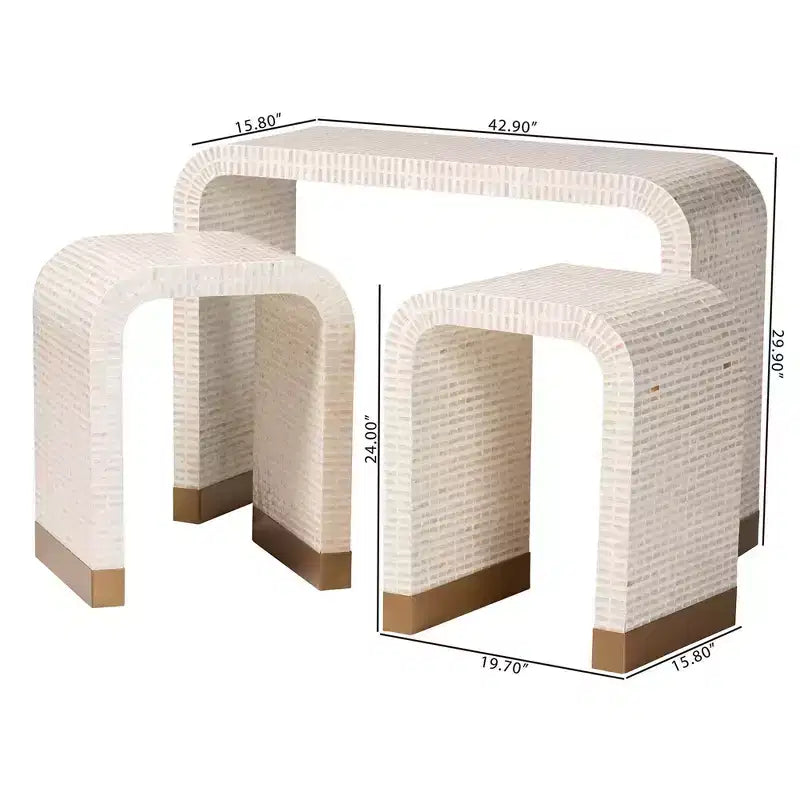 Bali & Pari Set 3 tavolini Carlyn con conchiglie capiz in madreperla, beige/bianco/oro