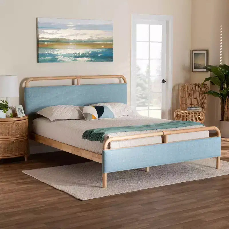 Baxton Studio Letto Imbottito Matrimoniale con Piattaforma in Tessuto Mateo e Legno Naturale Azzurro/Naturale