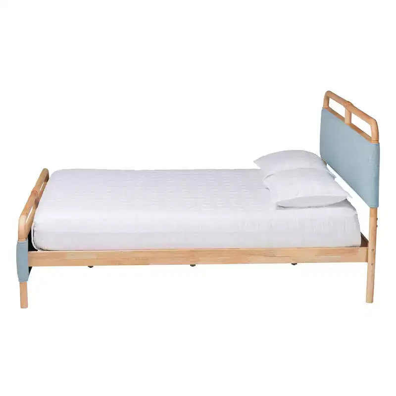 Baxton Studio Letto Imbottito Matrimoniale con Piattaforma in Tessuto Mateo e Legno Naturale Azzurro/Naturale