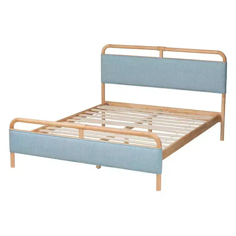 Baxton Studio Letto Imbottito Matrimoniale con Piattaforma in Tessuto Mateo e Legno Naturale Azzurro/Naturale
