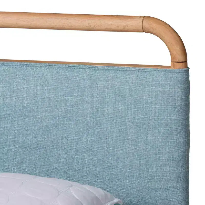 Baxton Studio Letto Imbottito Matrimoniale con Piattaforma in Tessuto Mateo e Legno Naturale Azzurro/Naturale