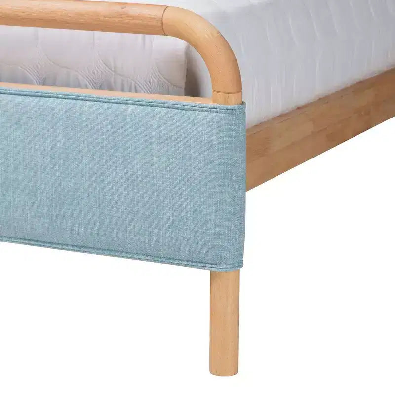 Baxton Studio Letto Imbottito Matrimoniale con Piattaforma in Tessuto Mateo e Legno Naturale Azzurro/Naturale
