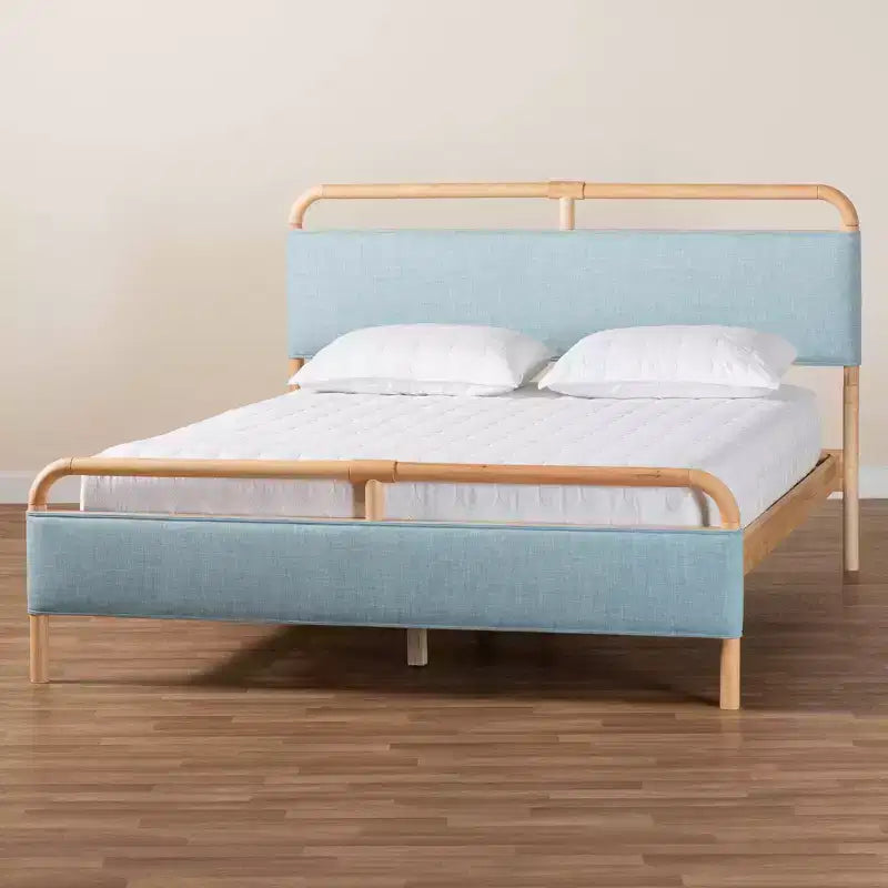 Baxton Studio Letto Imbottito Matrimoniale con Piattaforma in Tessuto Mateo e Legno Naturale Azzurro/Naturale