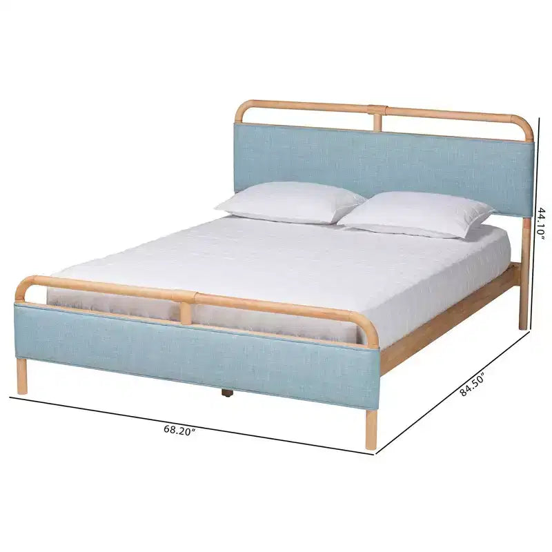 Baxton Studio Letto Imbottito Matrimoniale con Piattaforma in Tessuto Mateo e Legno Naturale Azzurro/Naturale