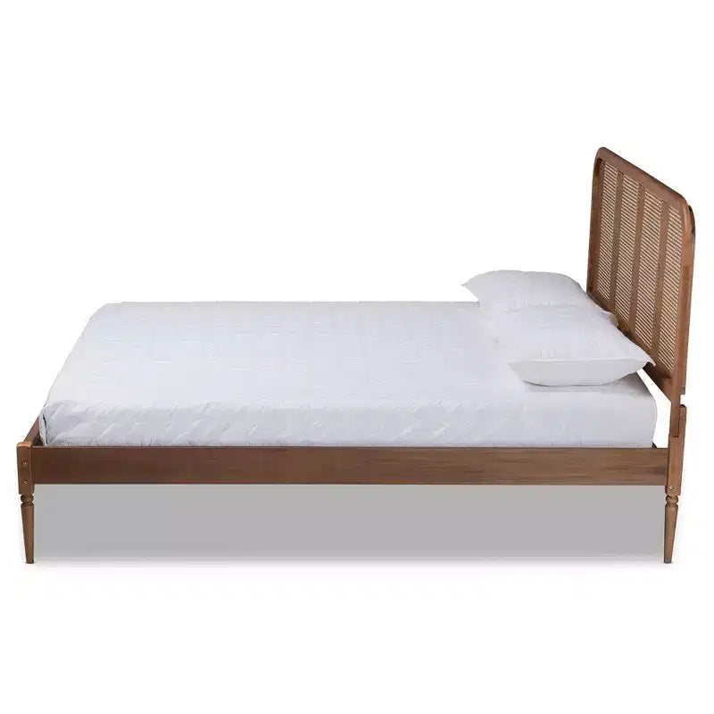 Letto a piattaforma King in legno e rattan sintetico marrone/noce cenere - Design di metà secolo, gambe tornite