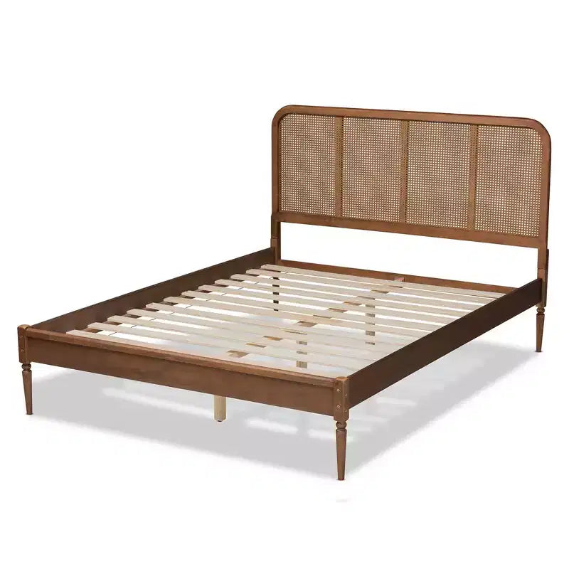 Letto a piattaforma King in legno e rattan sintetico marrone/noce cenere - Design di metà secolo, gambe tornite