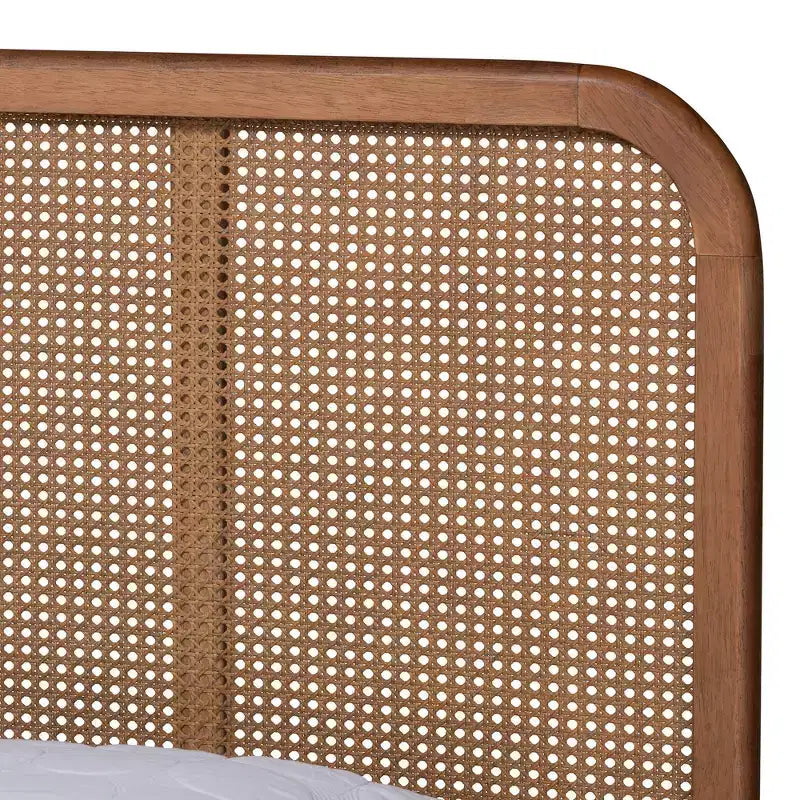 Letto a piattaforma King in legno e rattan sintetico marrone/noce cenere - Design di metà secolo, gambe tornite