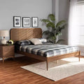 Letto a piattaforma King in legno e rattan sintetico marrone/noce cenere - Design di metà secolo, gambe tornite