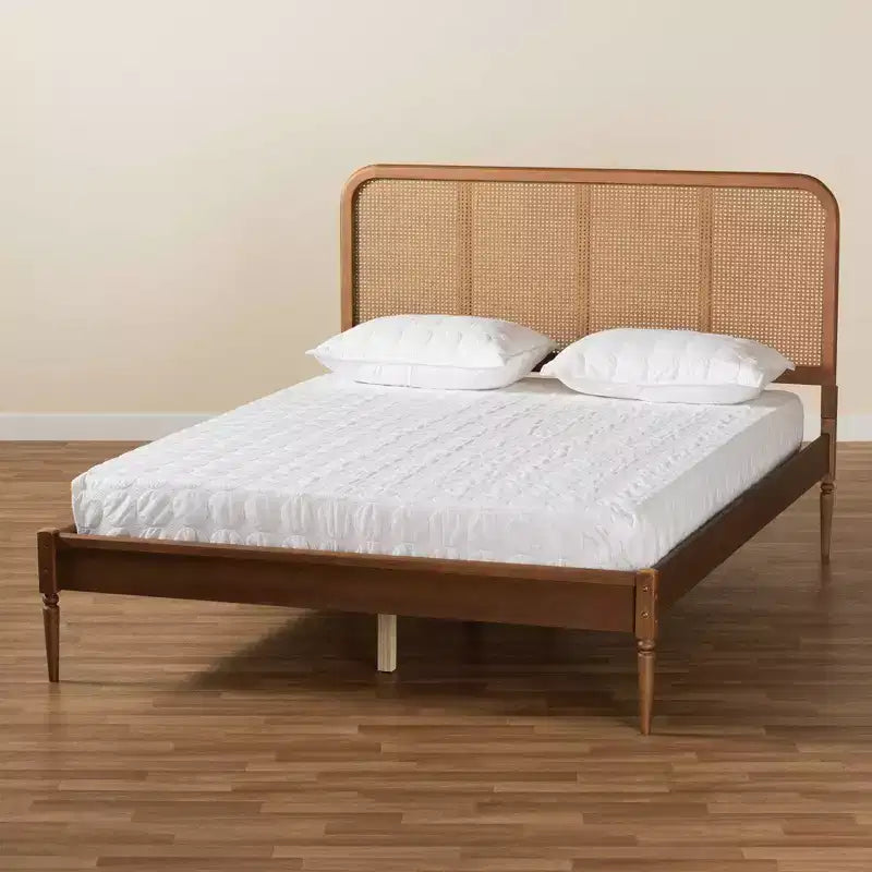 Letto a piattaforma King in legno e rattan sintetico marrone/noce cenere - Design di metà secolo, gambe tornite