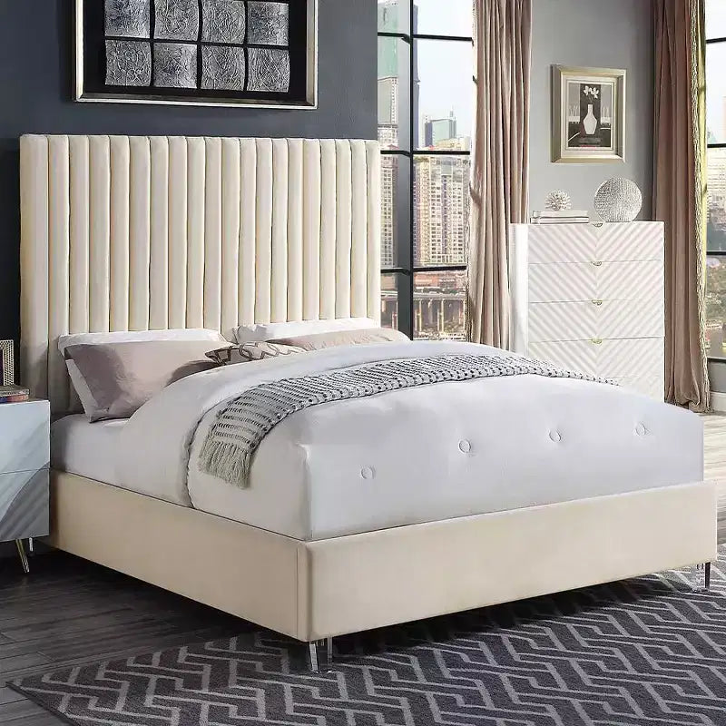 Acme Furniture Letto Queen da 86" Edzia in Velluto Beige: Lussuoso pannello imbottito, telaio in legno, tessuto acrilico