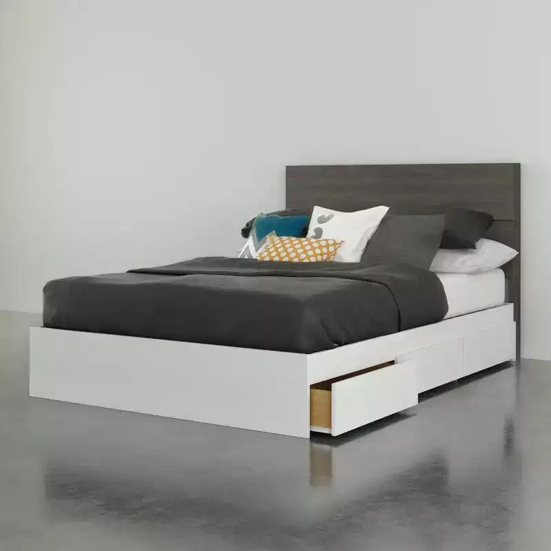 Letto contenitore con 3 cassetti Milton completo con testiera grigio corteccia/bianco - Nexera: design contemporaneo, struttura in composito MDF, materasso non incluso
