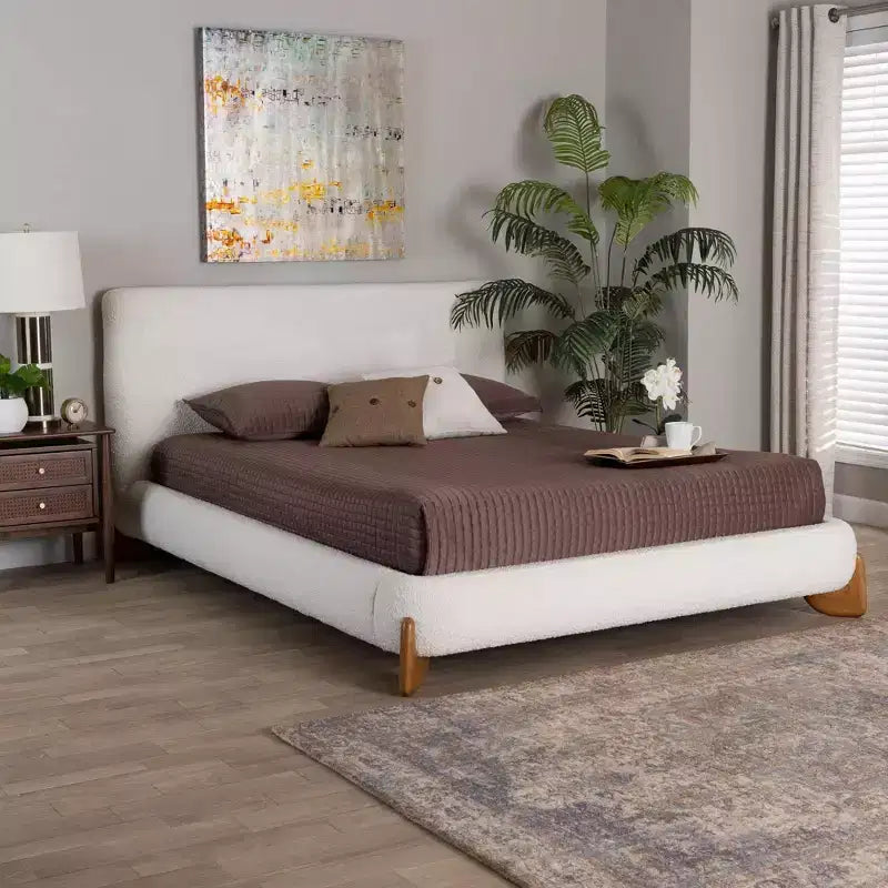 Baxton Studio Letto con Piattaforma Queen Size Vinicio Boucle Crema/Noce Marrone