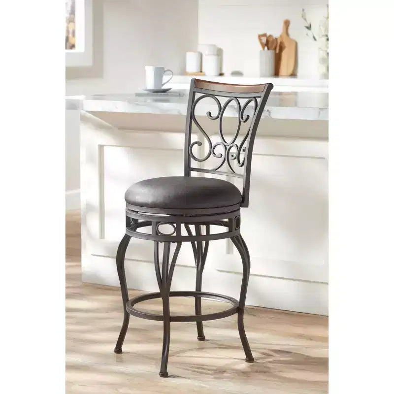 Sgabello da bar girevole in bronzo marrone, altezza 67 cm, cuscino tradizionale in similpelle con schienale e poggiapiedi per bancone da cucina
