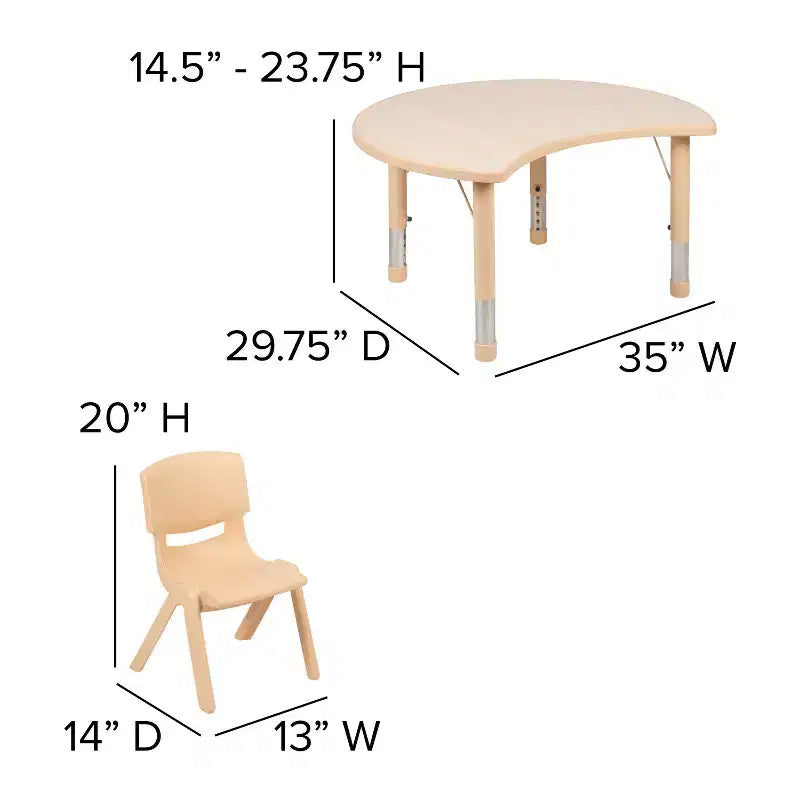 Tavolo per Bambini Regolabile in Plastica Naturale a Mezzaluna Emma e Oliver 25.125L x 35.5P - 4 Sedie