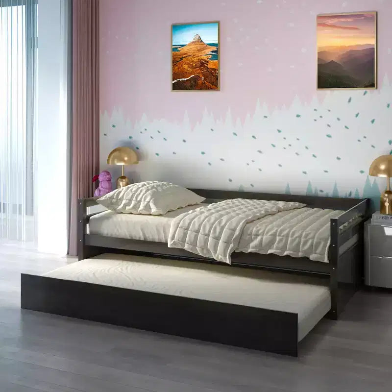 Costway Letto a Giorno con Rete Estraibile, Struttura in Legno e Doghe per Materasso, Grigio/Espresso/Bianco