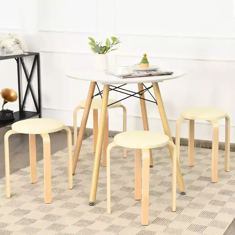 Costway Set di 4 Sgabelli Tondi Impilabili in Legno Curvato, Sedie da Pranzo con Seduta Imbottita Beige/Nero