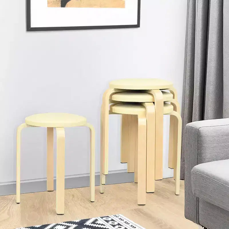 Costway Set di 4 Sgabelli Tondi Impilabili in Legno Curvato, Sedie da Pranzo con Seduta Imbottita Beige/Nero