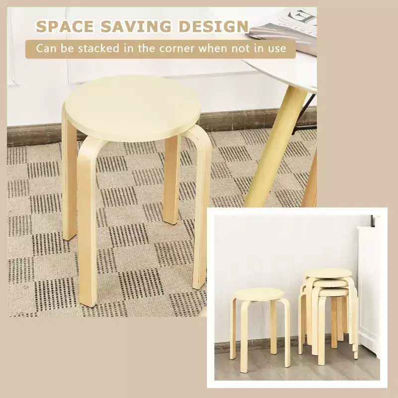 Costway Set di 4 Sgabelli Tondi Impilabili in Legno Curvato, Sedie da Pranzo con Seduta Imbottita Beige/Nero