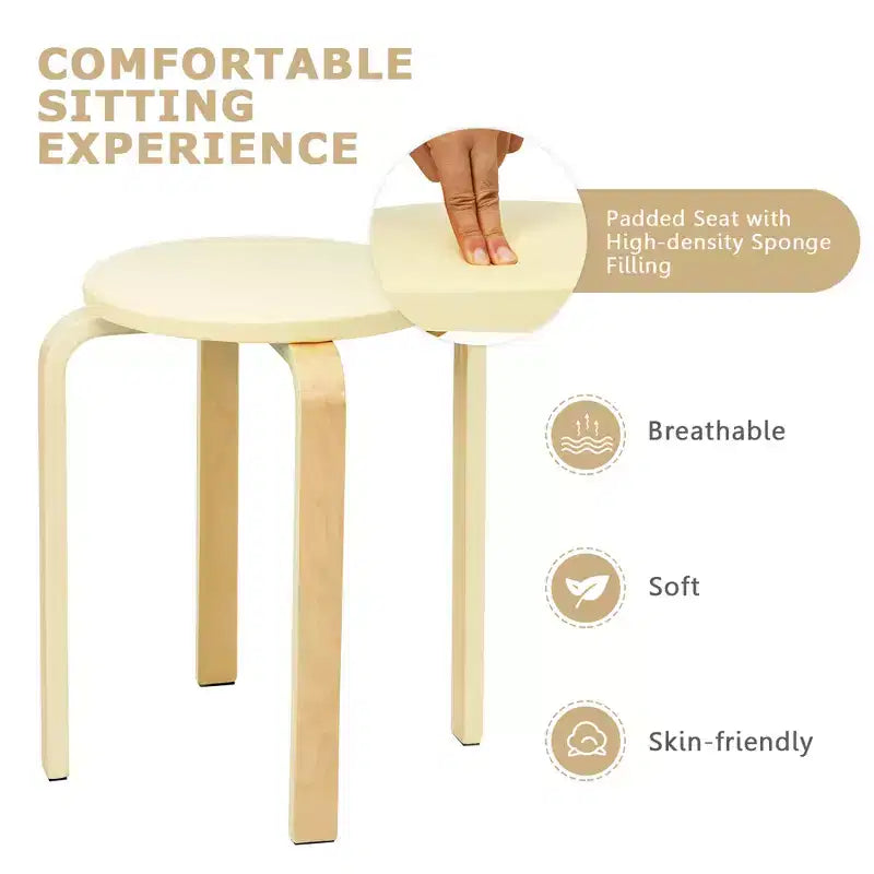Costway Set di 4 Sgabelli Tondi Impilabili in Legno Curvato, Sedie da Pranzo con Seduta Imbottita Beige/Nero