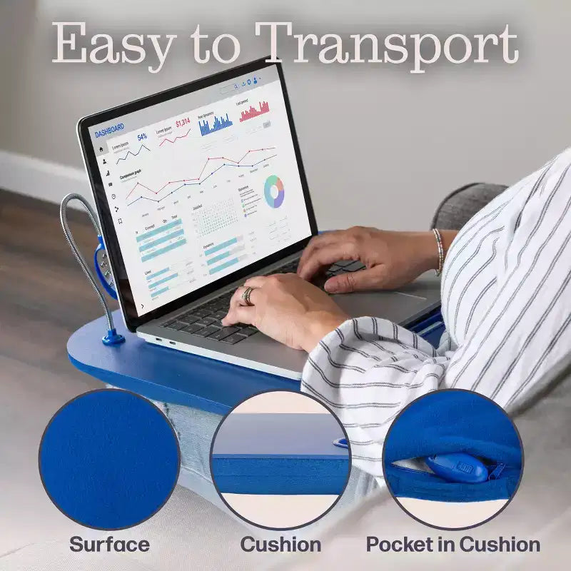 Scrivania portatile da grembo imbottita Hastings Home con luce LED a collo d'oca rimovibile, portabicchieri e portapenne - Blu