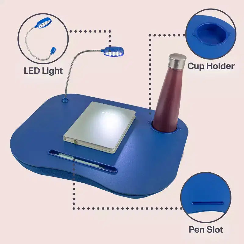 Scrivania portatile da grembo imbottita Hastings Home con luce LED a collo d'oca rimovibile, portabicchieri e portapenne - Blu