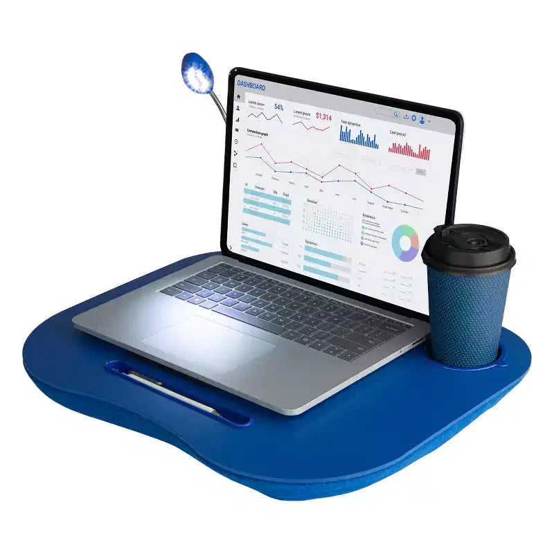 Scrivania portatile da grembo imbottita Hastings Home con luce LED a collo d'oca rimovibile, portabicchieri e portapenne - Blu