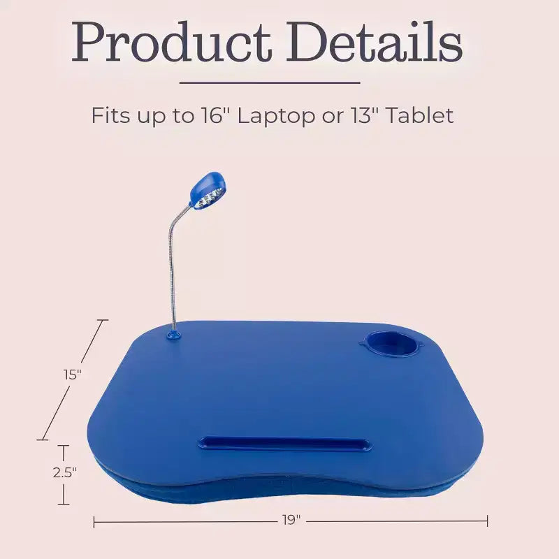 Scrivania portatile da grembo imbottita Hastings Home con luce LED a collo d'oca rimovibile, portabicchieri e portapenne - Blu
