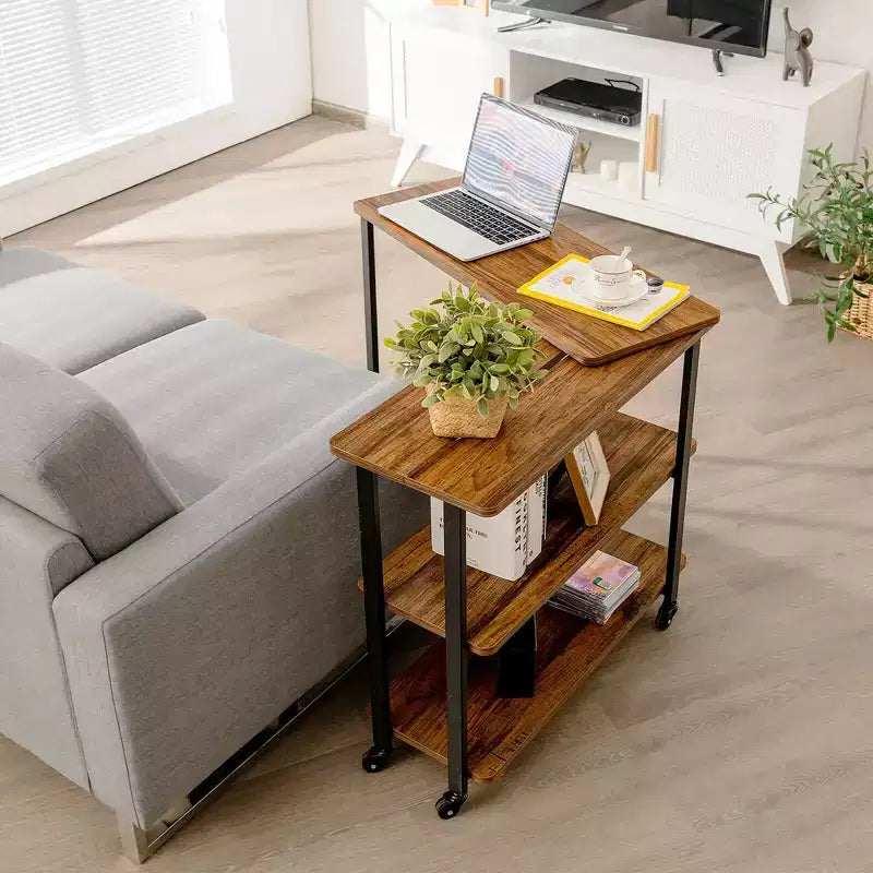 Tavolino da divano brevettato con libreria girevole a 360°, ripiani portaoggetti e ruote Marrone/Marrone rustico/Naturale