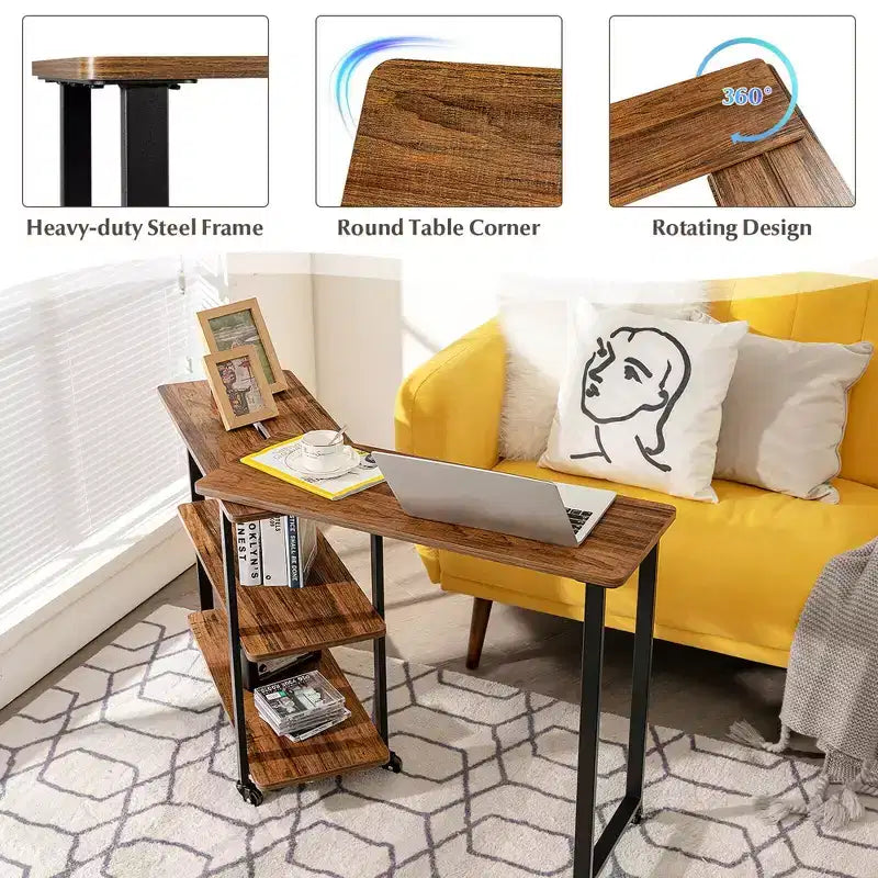 Tavolino da divano brevettato con libreria girevole a 360°, ripiani portaoggetti e ruote Marrone/Marrone rustico/Naturale