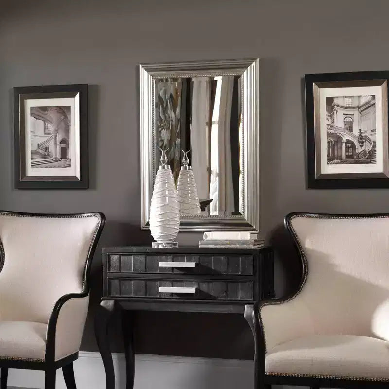 Specchio da parete rettangolare Uttermost Vanity Accent moderno smussato con cornice in legno finitura grigio foglia argento 26 3/4 di larghezza per bagno camera da letto