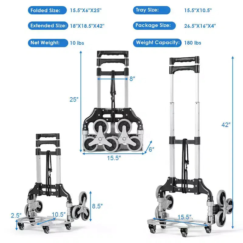 Carrello Pieghevole per Salire le Scale Costway, Carrello a Mano Portatile con Corda Elastica