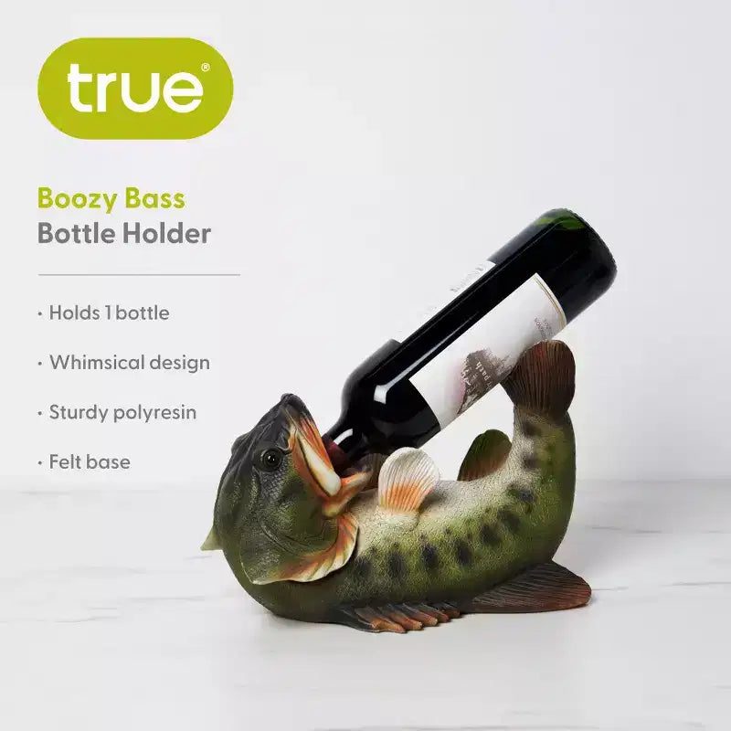 Portabottiglie di vino in poliresina "True Boozy Bass", Portabottiglie a forma di pesce giocoso, Portabottiglie a forma di animale, Decorazione per bar e cucina, Contiene 1 bottiglia di vino standard, Set da 1