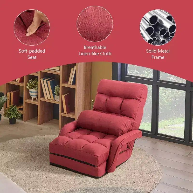 Poltrona Pieghevole da Terra Costway con Schienale Regolabile in 6 Posizioni e Cuscino Lombare Rosso/Grigio