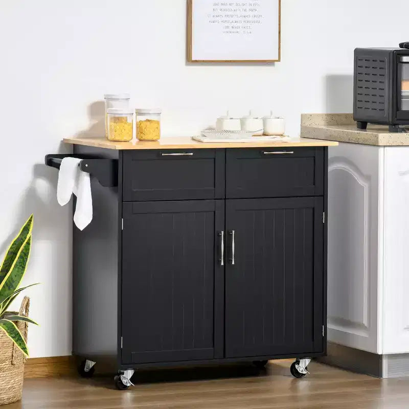 HOMCOM 41" Carrello da Cucina Moderno su Ruote, Carrello da Servizio con Piano in Legno di Gomma e Cassetti