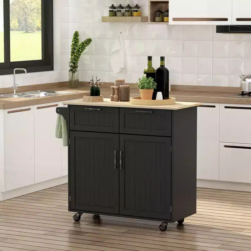 HOMCOM 41" Carrello da Cucina Moderno su Ruote, Carrello da Servizio con Piano in Legno di Gomma e Cassetti