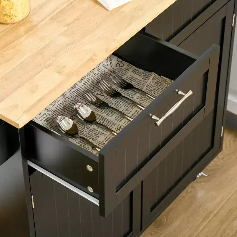 HOMCOM 41" Carrello da Cucina Moderno su Ruote, Carrello da Servizio con Piano in Legno di Gomma e Cassetti
